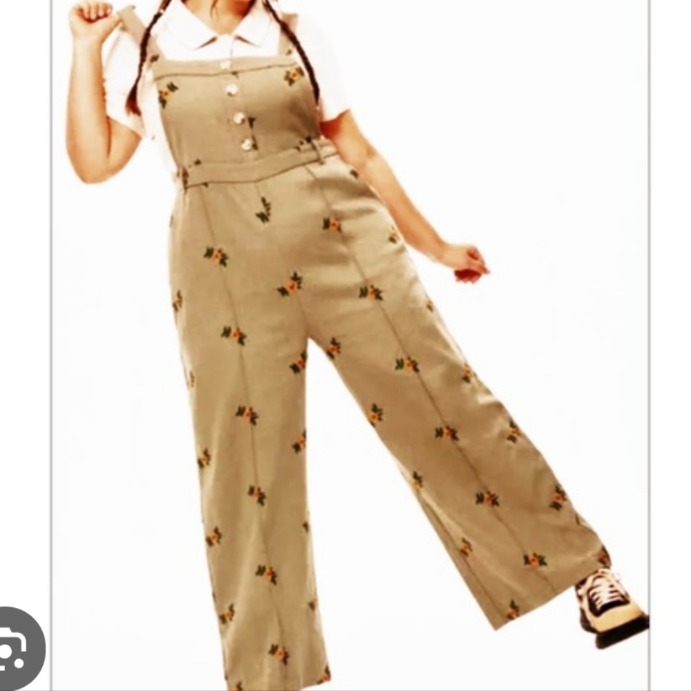 Cider Beige Floral Embroidered Wide-Leg Jumpsuit